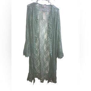 Women Sheer Lace Kimono Duster, Embroidery  Medium Green Boho New